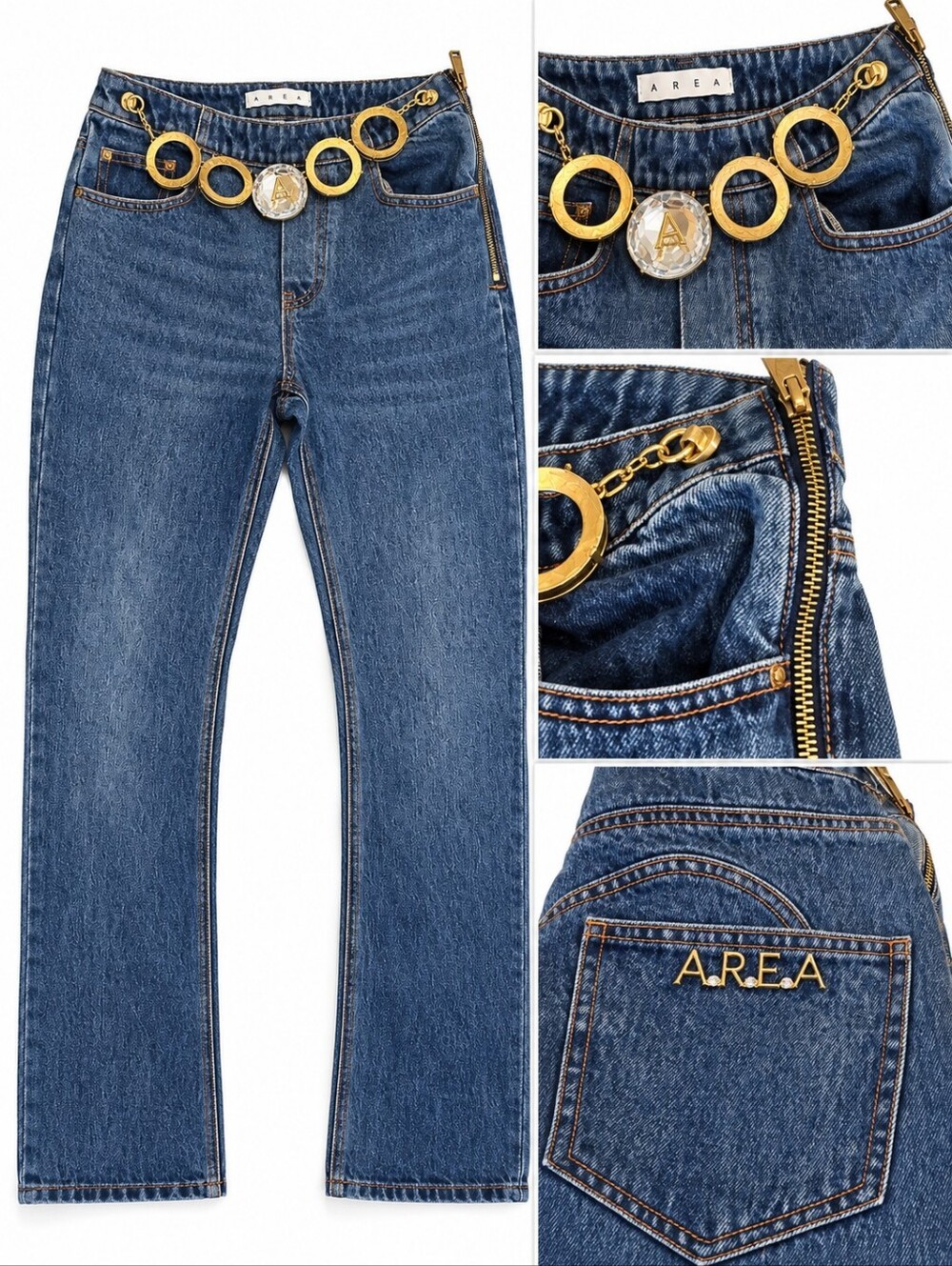 AREA Blue Straight-Leg Jeans with Gold Logo Chain